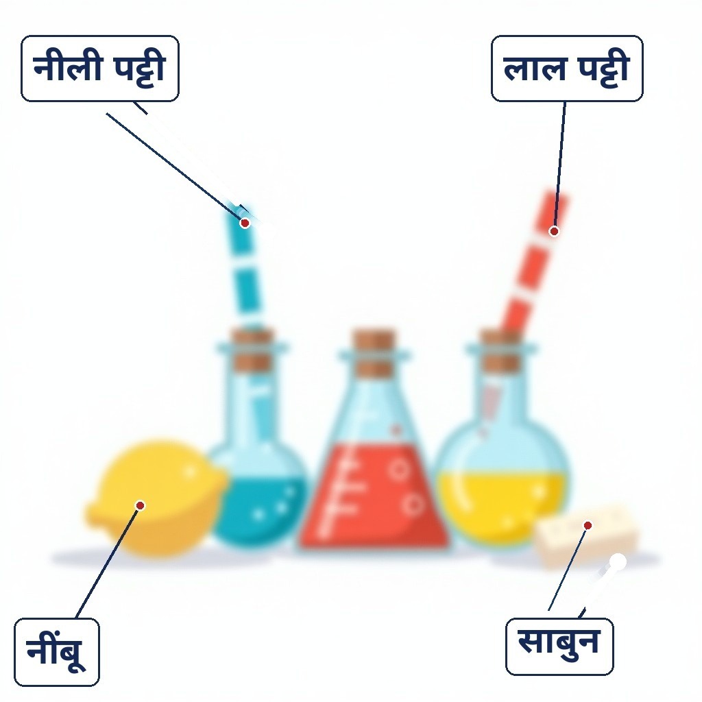 Litmus strips ke saath flasks, nimbu aur sabun