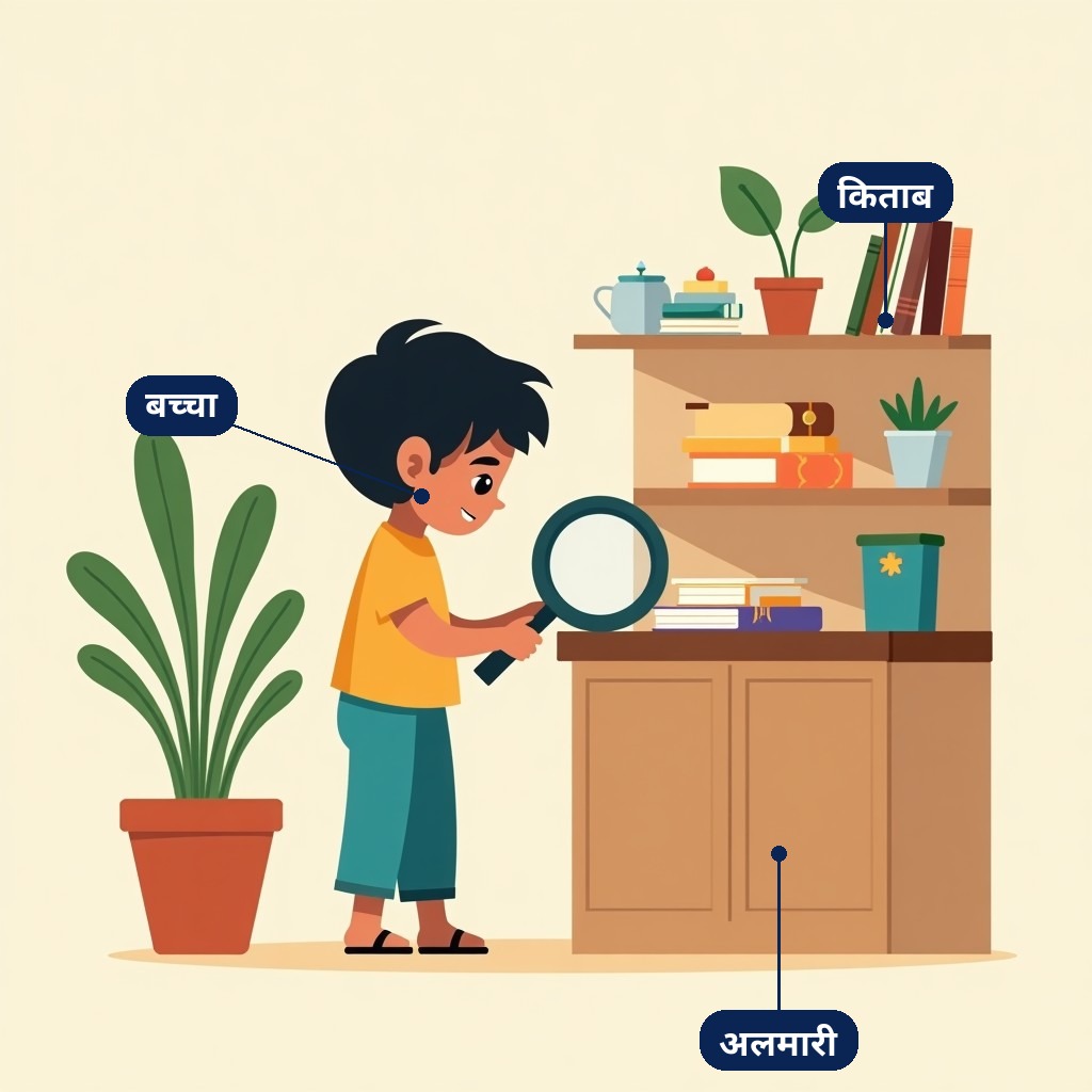 Labelled hunt scene: bachcha, packet, board, kitaab