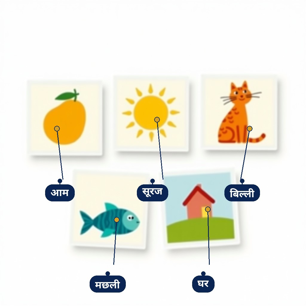 Labelled picture cards: aam, billi, suraj, machhli, ghar