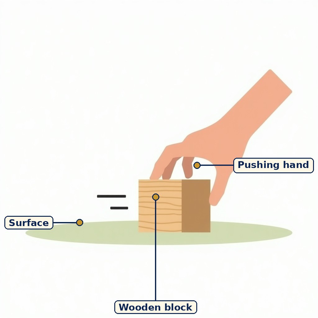 A hand pushing a wooden block across a flat surface, with motion lines behind the block