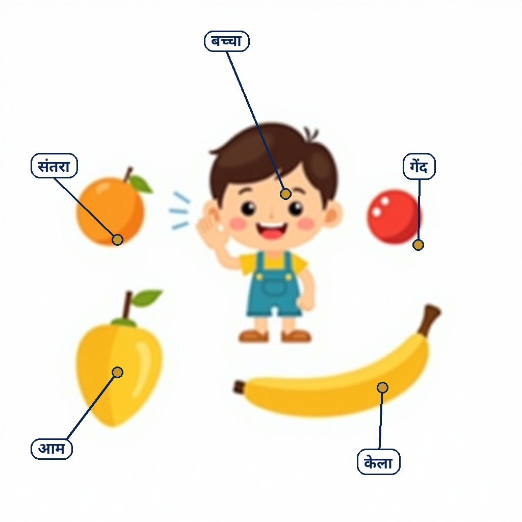 Labelled picture: bachcha sun raha hai, santra, gend, aam, kela