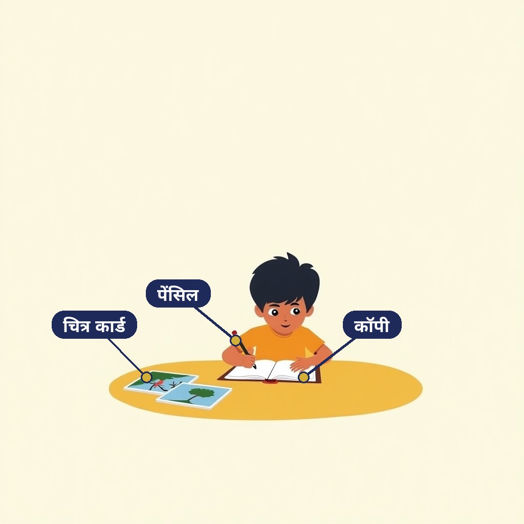 Labelled picture: child writing with picture cards