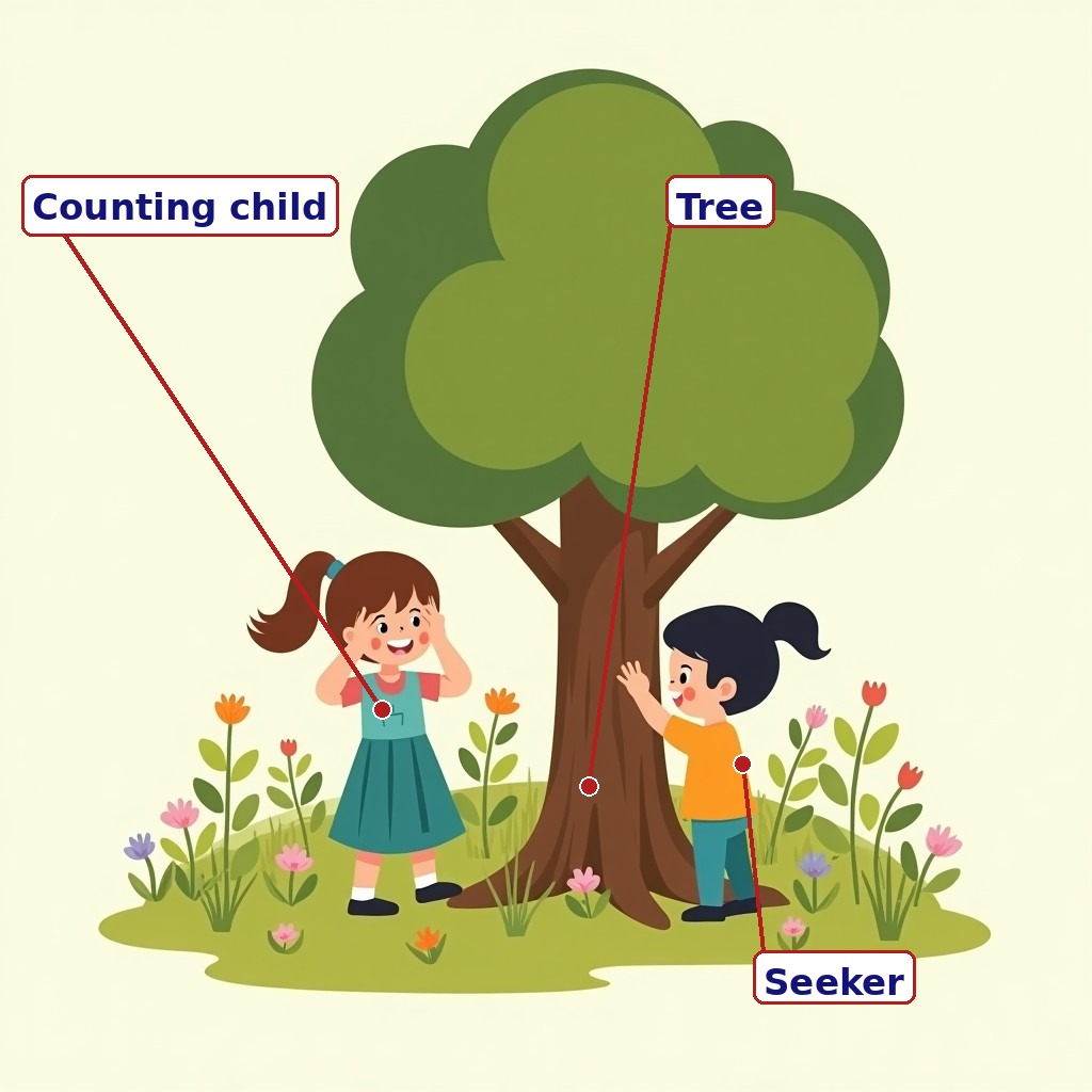 Labelled hide-and-seek scene: counting child, tree, seeker