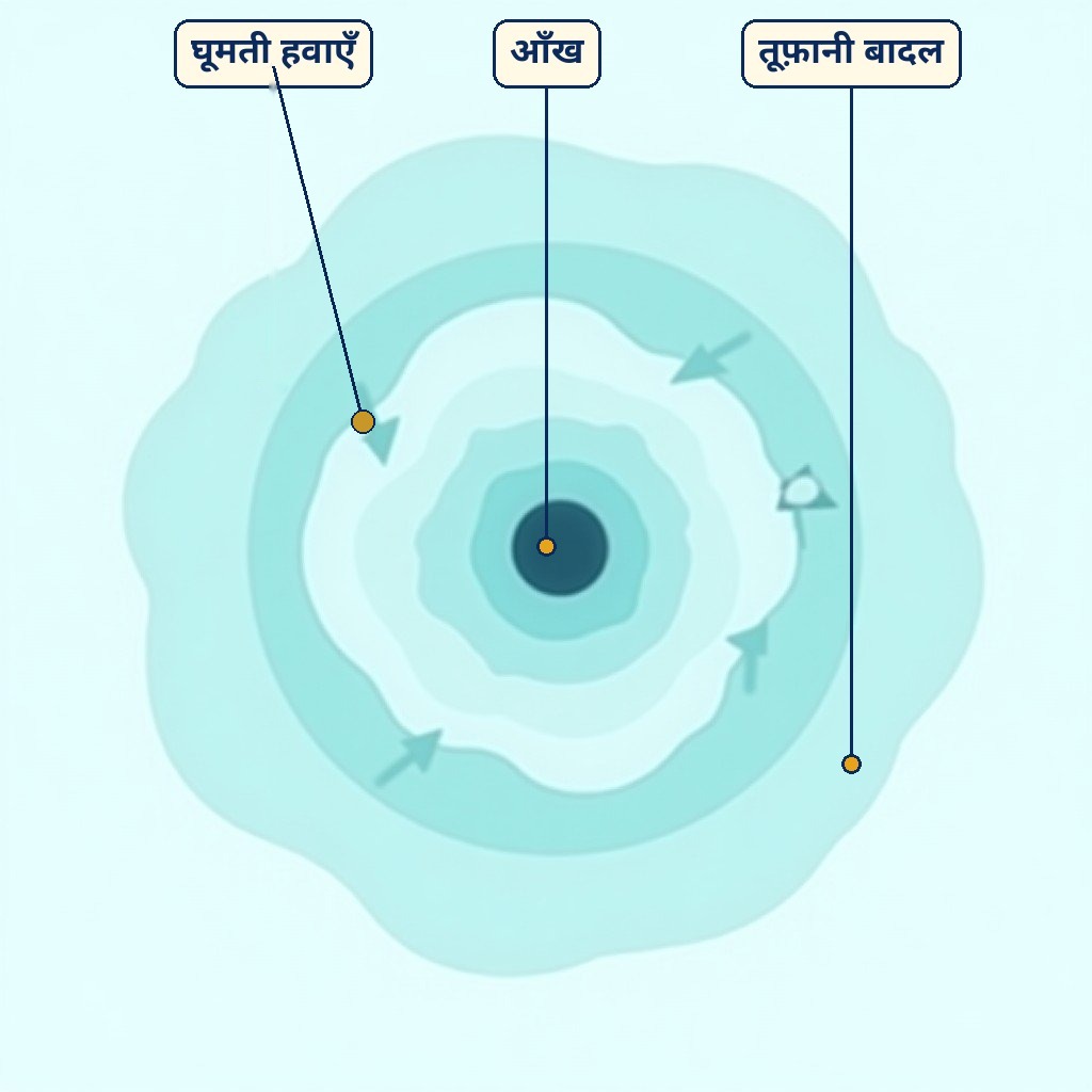 दाब, हवाएँ, तूफ़ान और चक्रवात के लिए लेबल वाला चित्र
