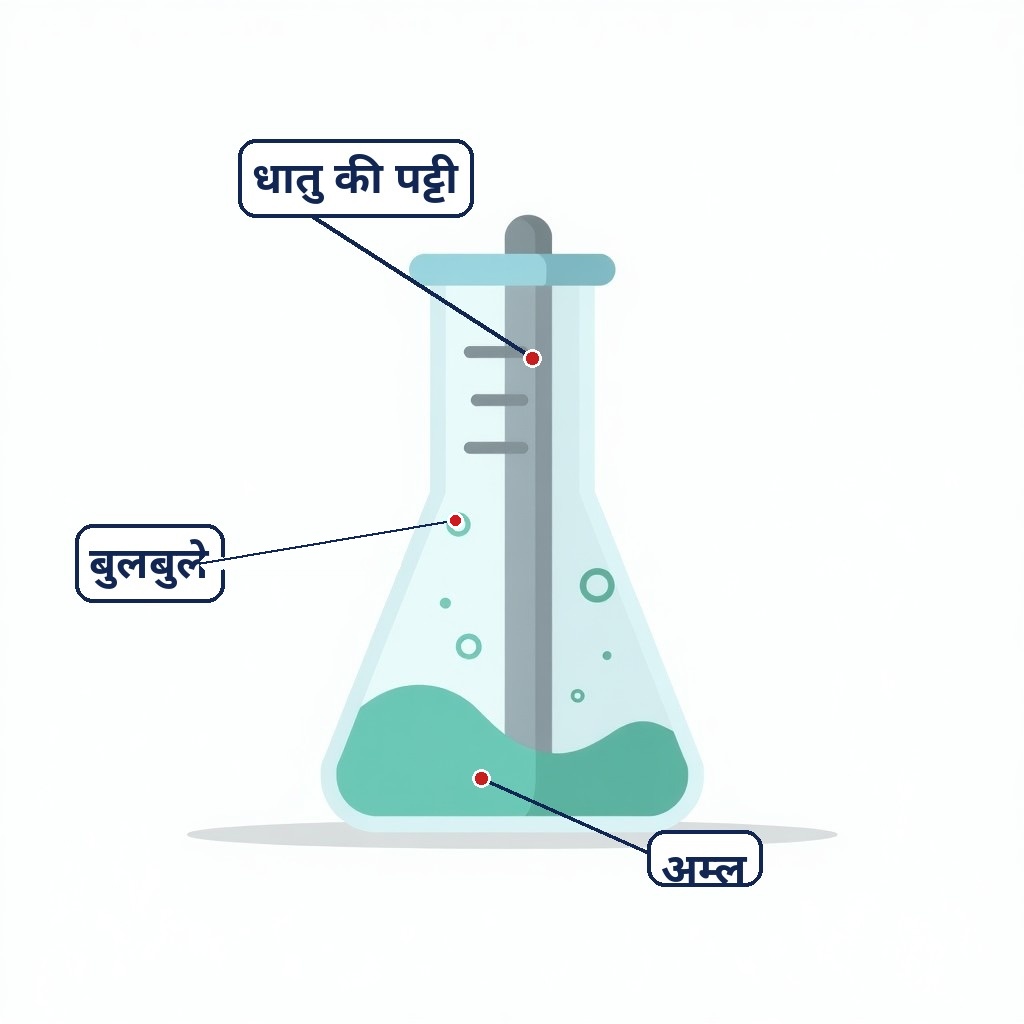 Label wala flask: dhatu ki patti, bulbule aur aml