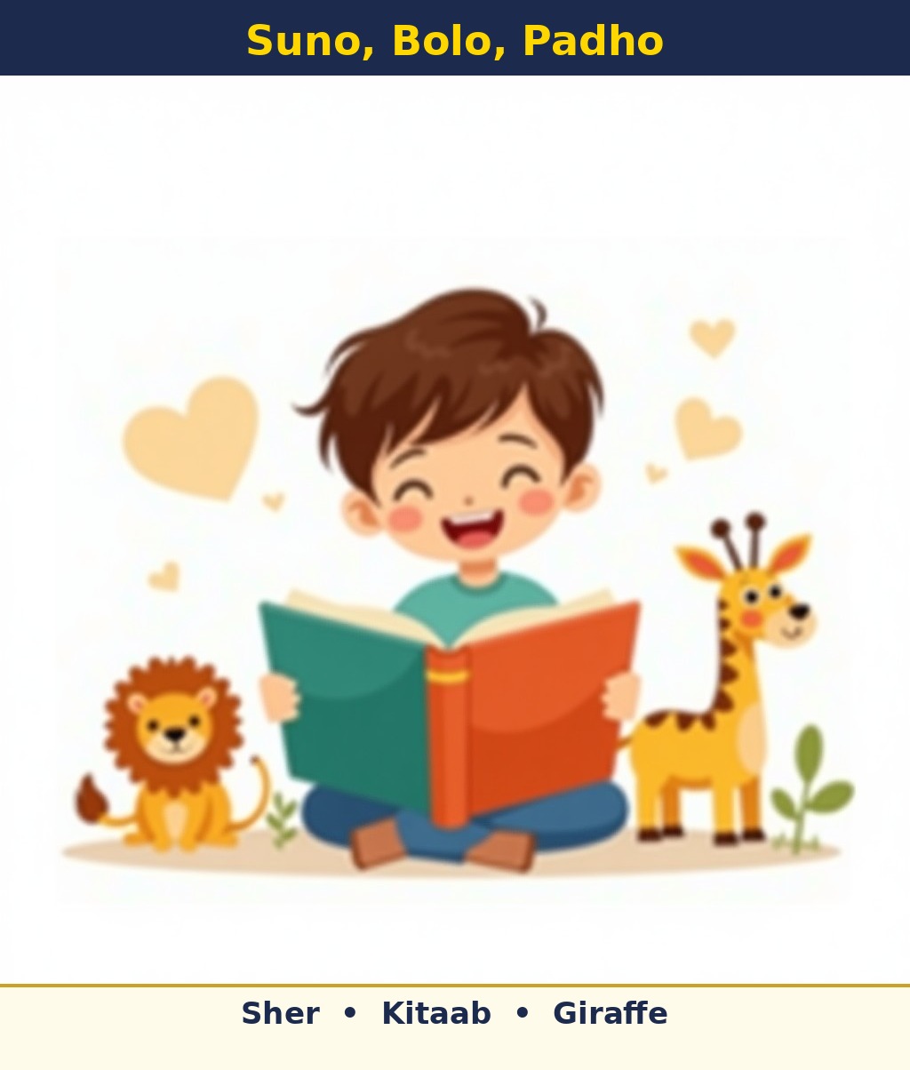 Labelled picture: a happy child reading a big book, with a lion and a giraffe