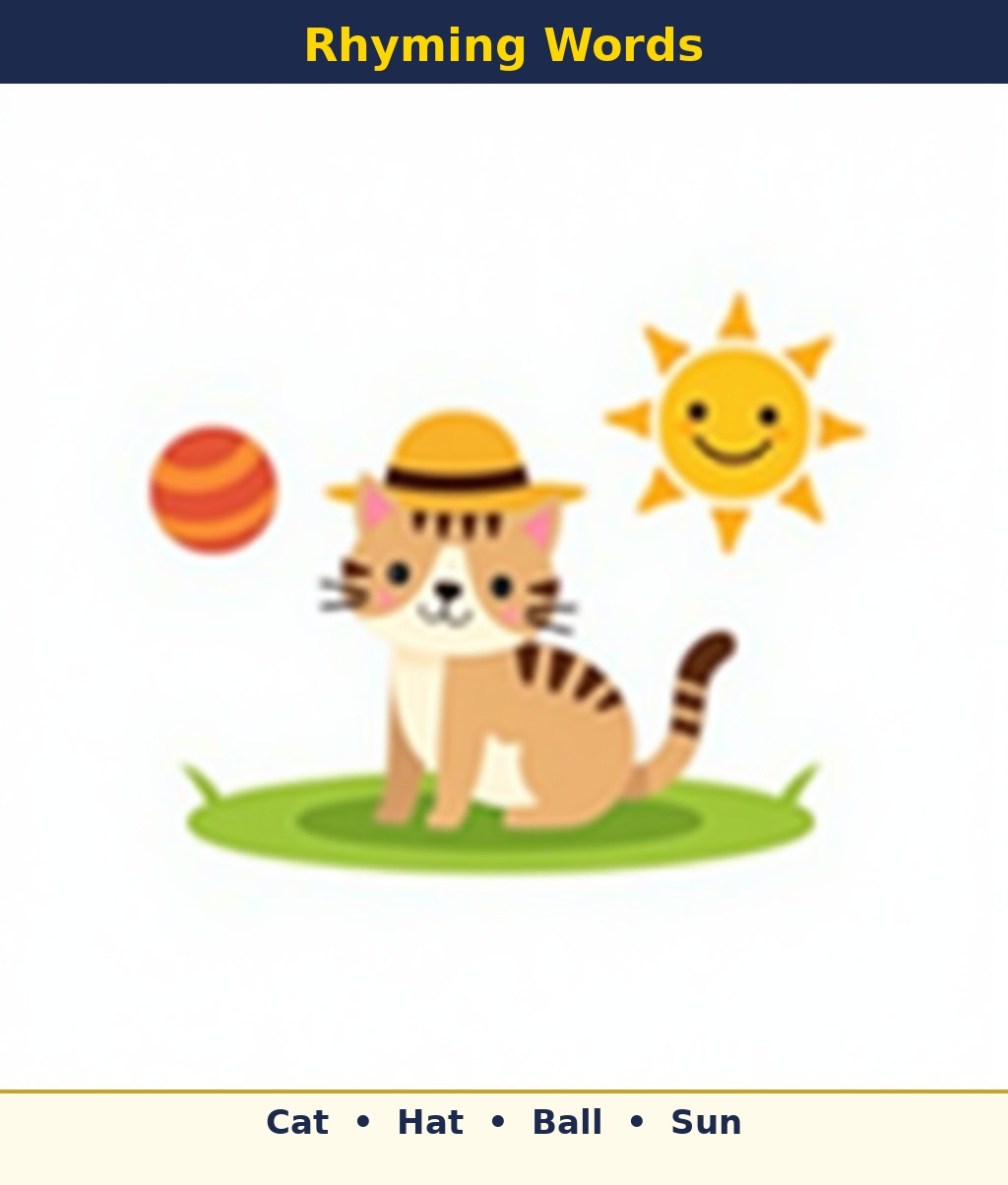 Labelled picture: a cat wearing a hat, a ball and a smiling sun