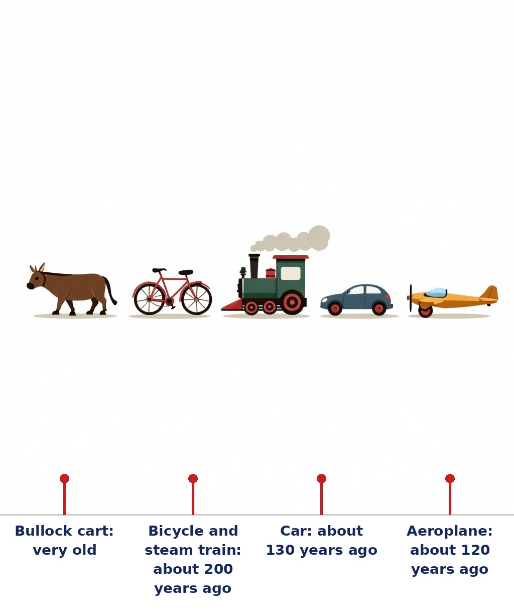Labelled diagram: Bullock cart: very old, Bicycle and steam train: about 200 years ago, Car: about 130 years ago, Aeroplane: about 120 years ago